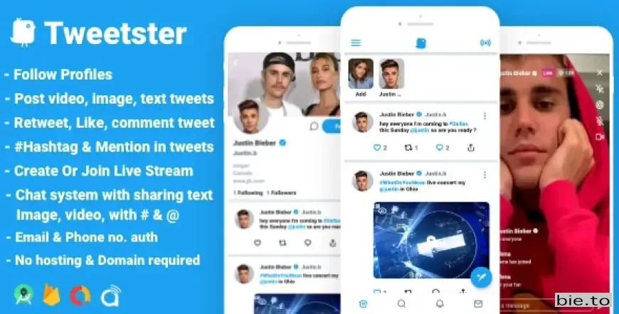 Tweetster - Twitter clone social network app Follow Chat Tweet Live android studio + firebase +admob v1.1